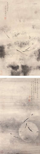 倪瓒（款） 拟唐人诗意图 对屏镜片 水墨纸本