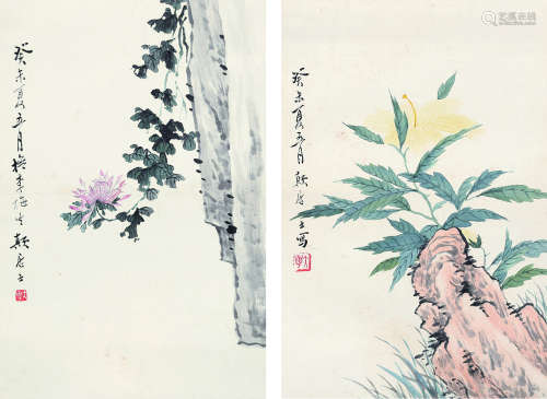颠居士（近现代） 花卉两帧 镜片 设色纸本