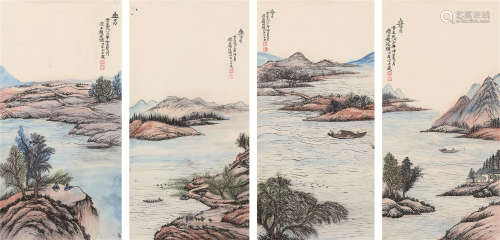赵延绪（1897～1998） 山水 四屏镜片 设色纸本