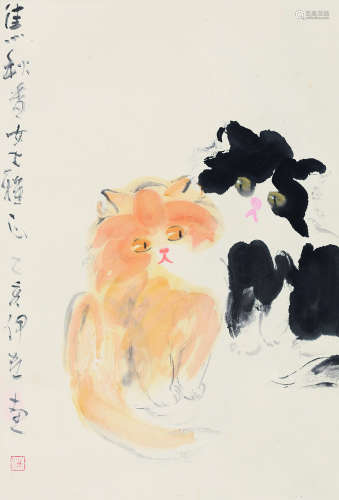 汪伊虹（b.1941） 双猫图 立轴 设色纸本