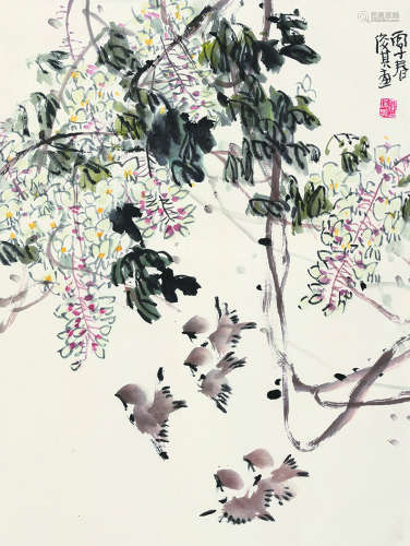 霍俊其（b.1965） 花鸟 立轴 设色纸本