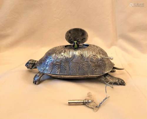 Sterling Silver Turtle Shaped Singing Bird Box Automato