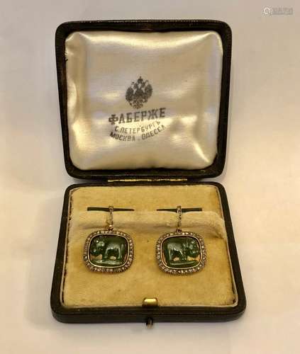 Russia Gold Cuff Links With Diamonds,Jade