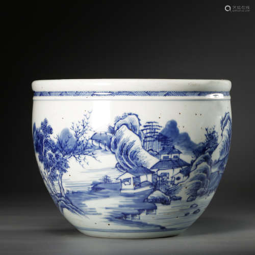 CHINESE BLUE AND WHITE FISH BOWL