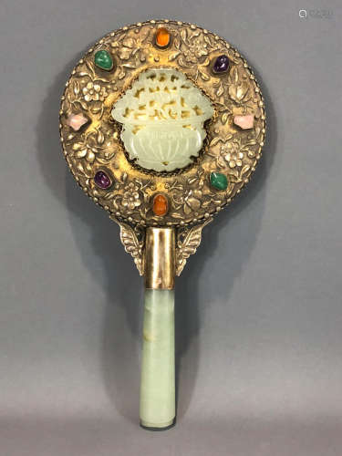CHINESE SILVER AND JADE MIRROR