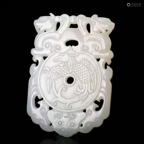 CHINESE WHITE JADE DRAGON PHOENIX PENDANT