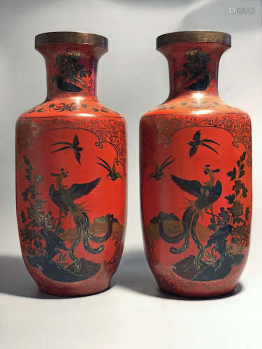PAIR OF CHINESE LACQUER WOOD ROULEAU VASES