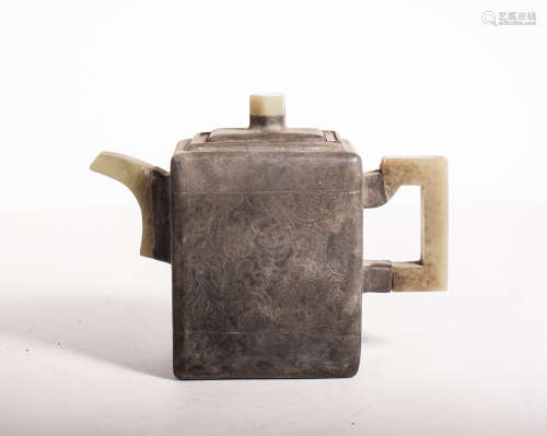 CHINESE PEWTER TEAPOT WITH JADE