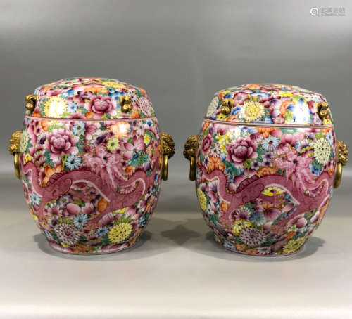 CHINESE FAMILLE ROSE COVER JAR, PAIR