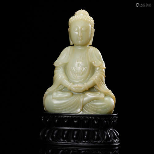 CHINESE CELADON JADE CARVED SEATED SHAKYAMUNI