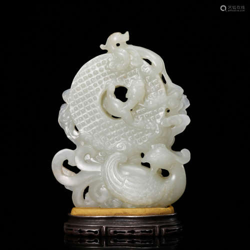 CHINESE WHITE JADE CARVED DRAGON AND PHOENIX