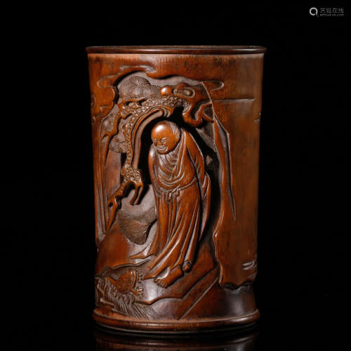 CHINESE WOODEN BRUSH POT CARVED LOHAN