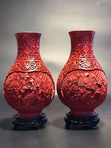 PAIR OF CHINESE CINNABAR LACQUER VASE