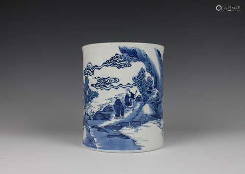 CHINESE BLUE AND WHITE PORCELAIN BRUSH POT