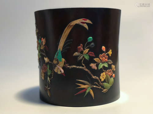 CHINESE HARDWOOD BRUSH POT WITH INLAID