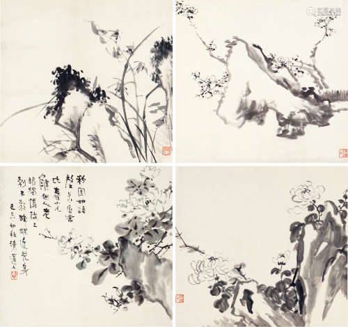 李瑞清（1867～1920） 花卉 （四帧） 手卷 水墨纸本