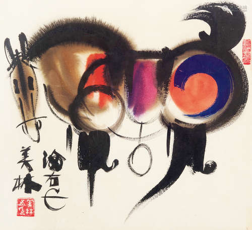 韩美林（b.1936） 马 镜片 设色纸本