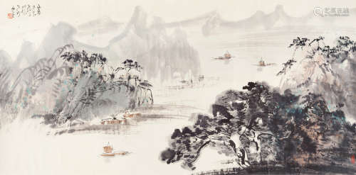 杨正新（b.1942） 溪山帆影 横披 设色纸本