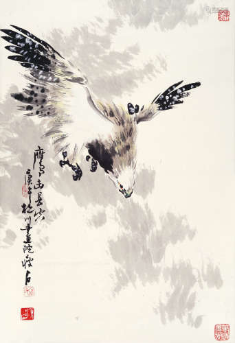 尹瘦石（1919～1998） 鹰击长空 镜片 设色纸本