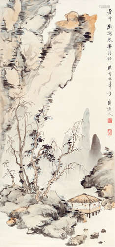 李瑞清（1867～1920） 水亭清话 立轴 设色纸本