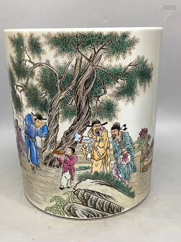 A ZHU SHAN BA YOU FAMILLE ROSE FIGURE STORY PATTERN WRITING BRUSH HOLDER