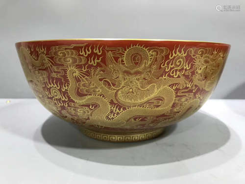 A DRAGON PATTERN RED GLAZED BOWL