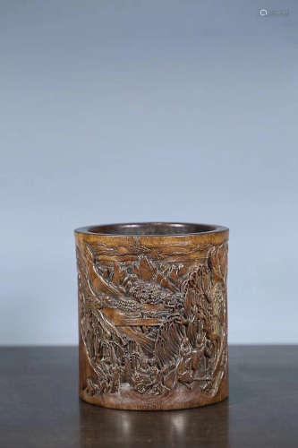 17-19TH CENTURY, A HAINAN PEAR WOOD LANDSCAPE DESIGN CARVING BRUSH POT, QING DYNASTY