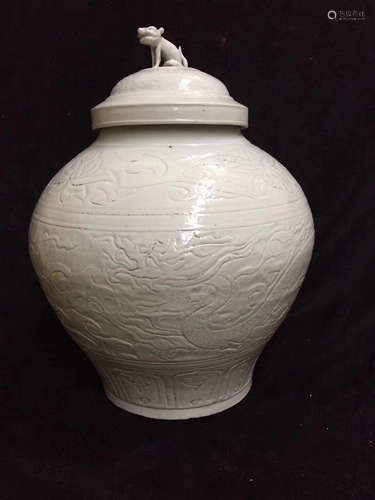 13-14TH CENTURY, A SINGLE GLAZED DRAGON PATTERN POT,YUAN DYNASTY