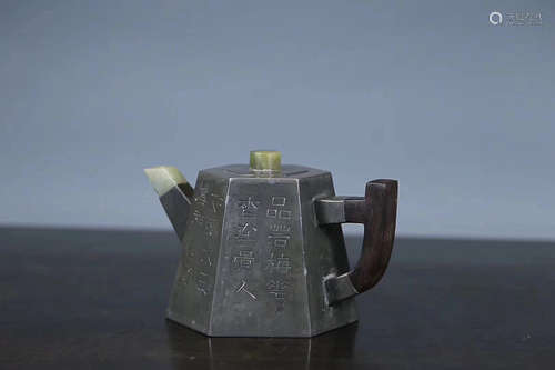 17-19TH CENTURY, A TIN COVERED PURPLE CLAY TEAPOT, QING DYNASTY