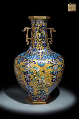 14-16TH CENTURY, A CLOISONNE HEXAGON DOUBLE-EAR VASE, MING DYNASTY