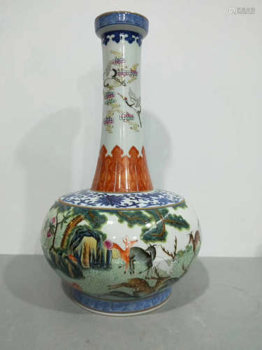 A BLUE&WHITE COLORFUL DEER PATTERN VASE