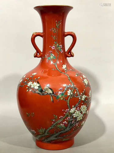 A CORAL RED GLAZE XI QUE DENG MEI PATTERN VASE