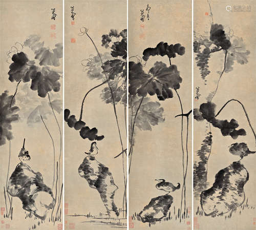 朱耷（1626～约1705） 花鸟四屏 镜芯 纸本水墨