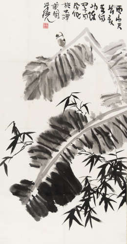霍春阳（b.1946） 蕉荫鸣禽 镜片 纸本