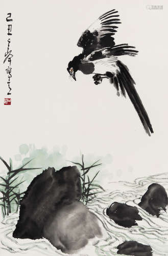 孙其峰（b.1920） 湖边飞鹊 托片 纸本