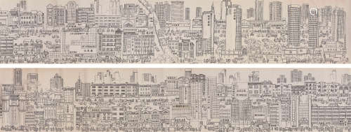 佚名绘 《上海市淮海中路全景》线描钢笔画长卷