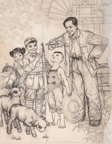 《毛主席和延安抗日儿童团》绘素描稿