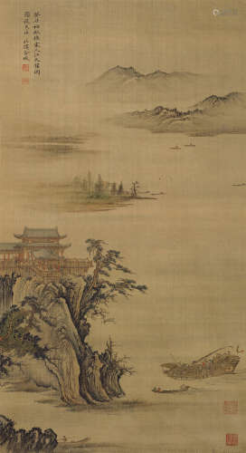 金城（1878～1926） 1913年作 摹宋人江天楼阁图 立轴 绢本设色