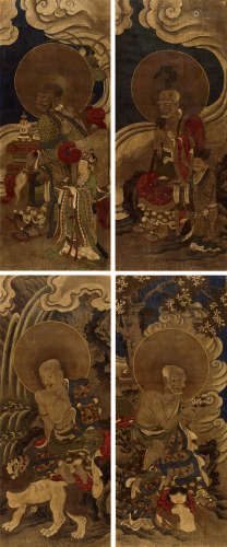 佚名（明或明以前） 罗汉 四屏立轴 绢本设色