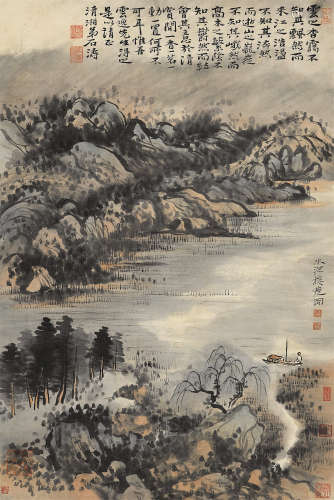 石涛（1642～约1707）（传） 水涯接荒冈 立轴 纸本设色