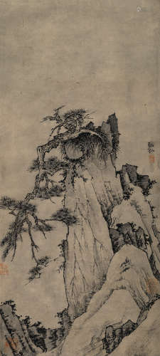 弘仁（1610～1664） 峭壁虬松 镜心（片） 纸本水墨