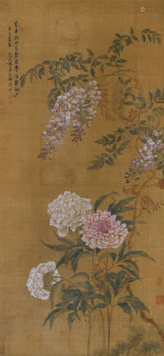 恽寿平（1633～1690） 1670年作 紫藤牡丹 立轴 绢本设色