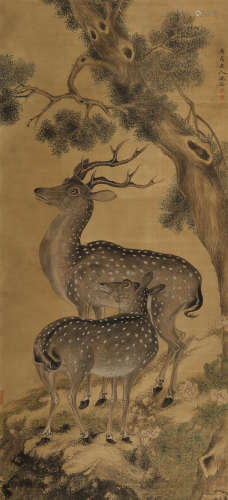 沈铨（1682～1760） 柏鹿长春图 立轴 绢本设色