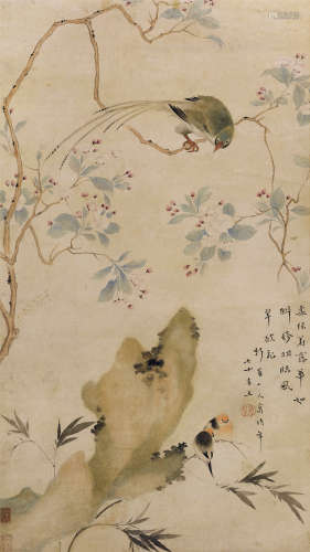华嵒（1682～1756） 海棠绶带图 立轴 纸本设色