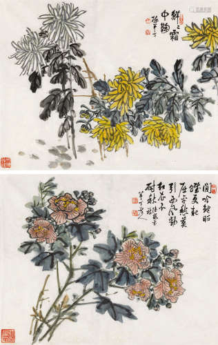 陈半丁（1876～1970） 秋花 （二帧） 镜芯 纸本设色