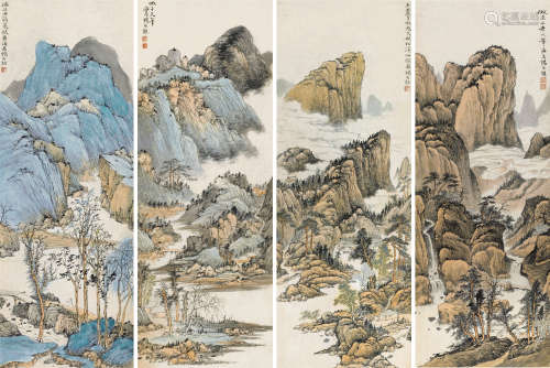 杨石朗（1915～2000） 拟古山水四屏 立轴 纸本设色