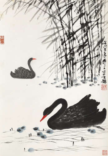 吴作人（1908～1997） 芦塘天鹅 立轴 纸本设色