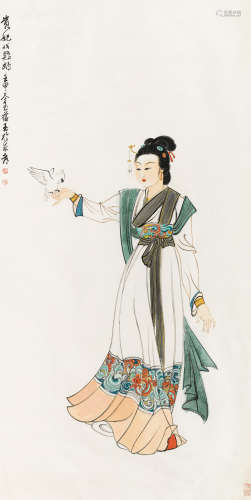 赵蕴玉（1916～2003） 贵妃戏鹦鹉 镜芯 纸本设色