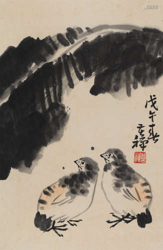 李苦禅（1899～1983） 1978年作 芭蕉鹌鹑 立轴 纸本设色