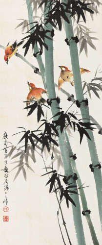 黄幻吾（1906～1985） 竹雀图 立轴 纸本设色